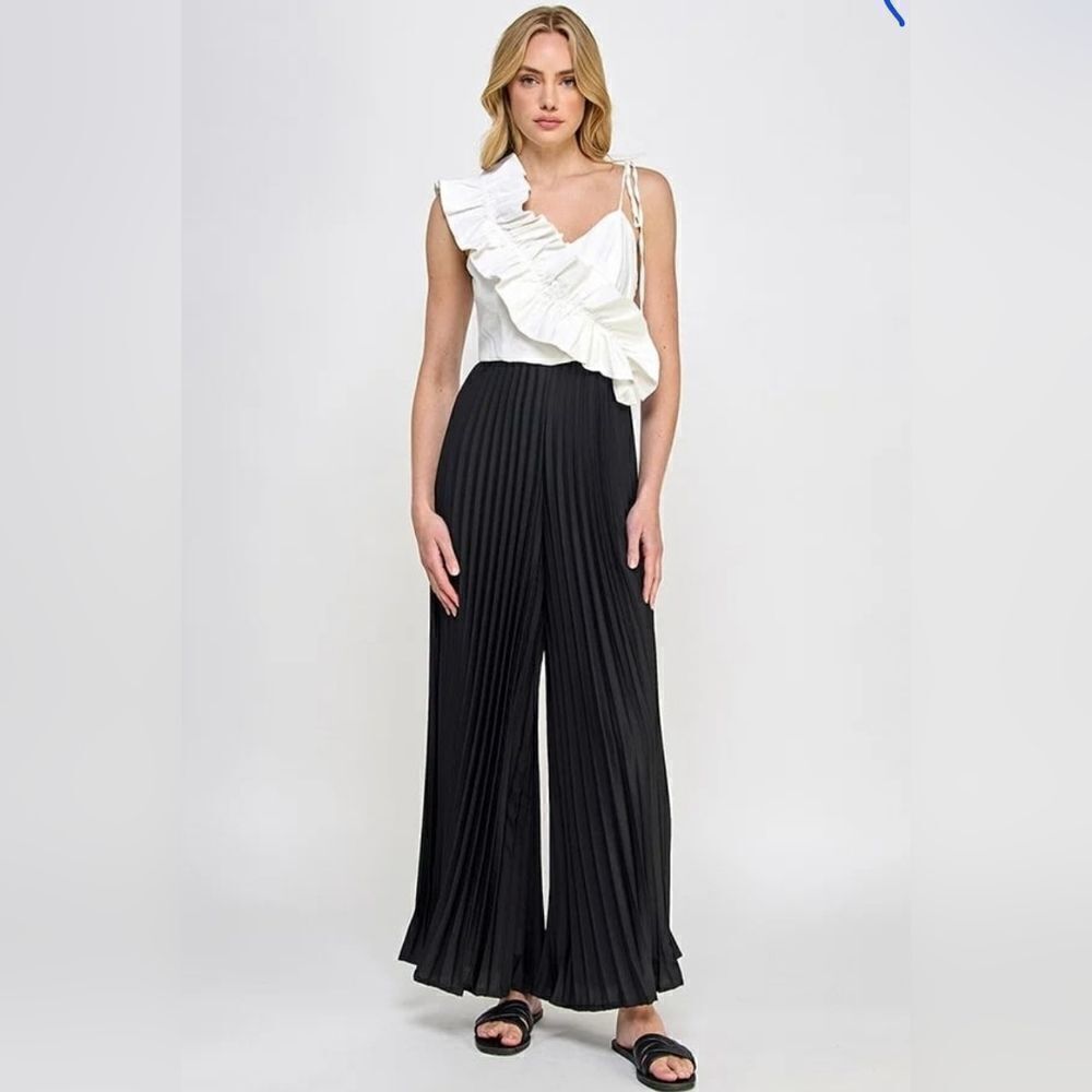 Black Cami asymmetrical ruffle detail pleated‎ bottom jumpsuit